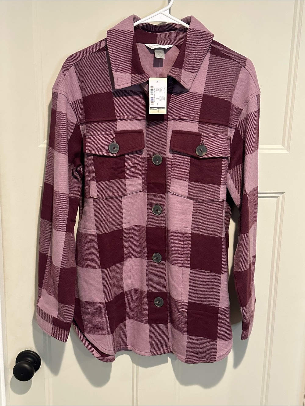 NWT Christopher & Banks Pink & Burgundy Buffalo Plaid Button-Up Shacket - Small